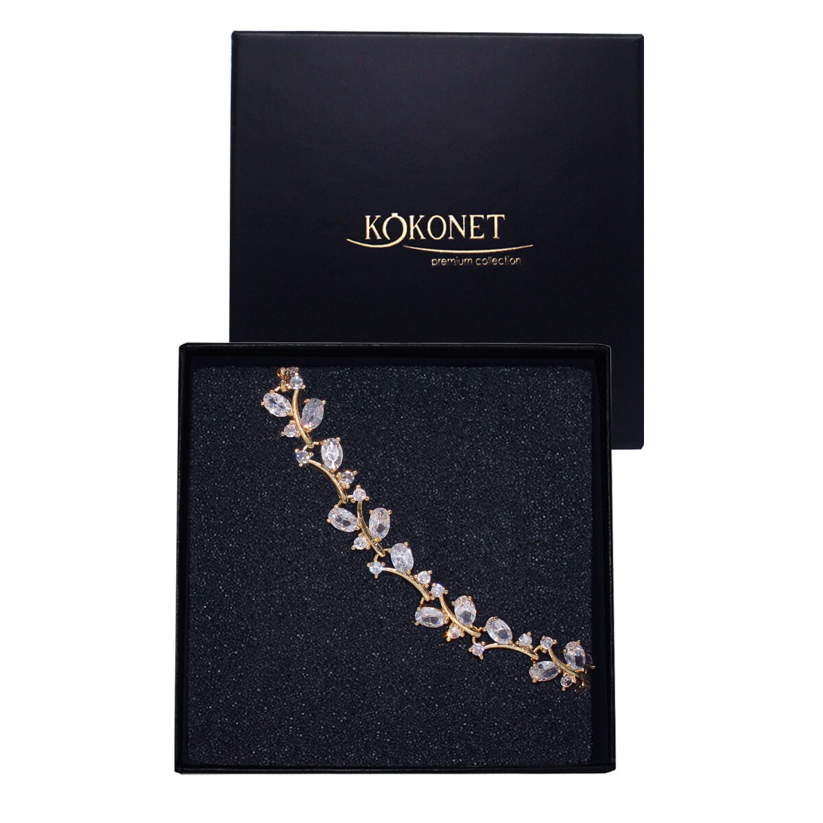 Bransoletka złota ślubna motyw roślinny BOHO cyrkonie błysk pudełko GRATIS