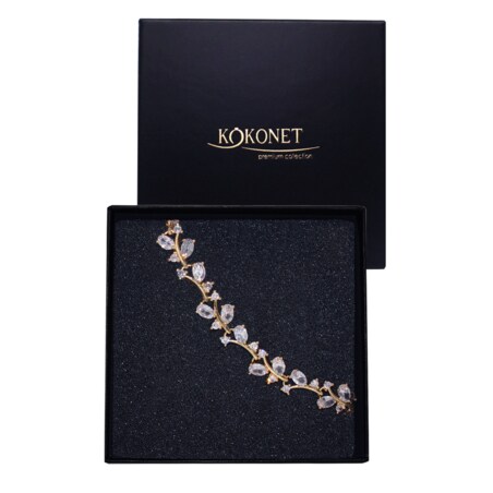 Bransoletka złota ślubna motyw roślinny BOHO cyrkonie błysk pudełko GRATIS