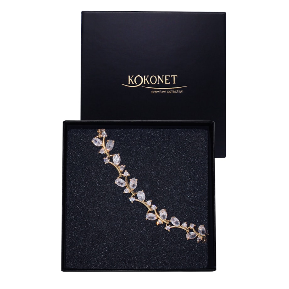 Bransoletka złota ślubna motyw roślinny BOHO cyrkonie błysk pudełko GRATIS