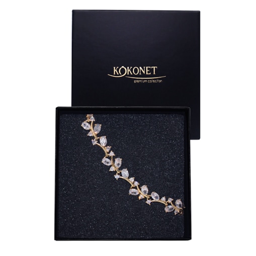 Bransoletka złota ślubna motyw roślinny BOHO cyrkonie błysk pudełko GRATIS