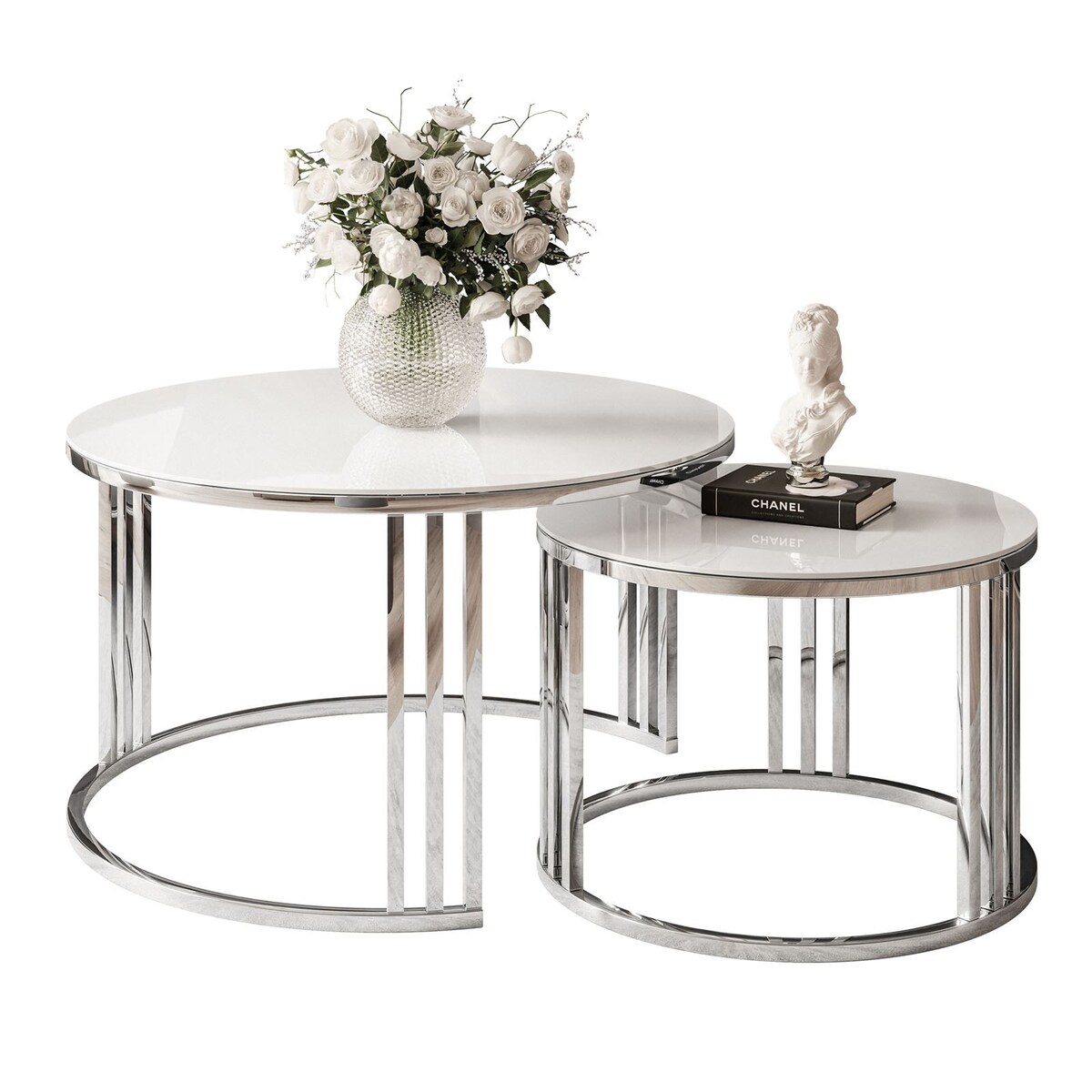 Stolik LORI 2w1 chrom białe szkło