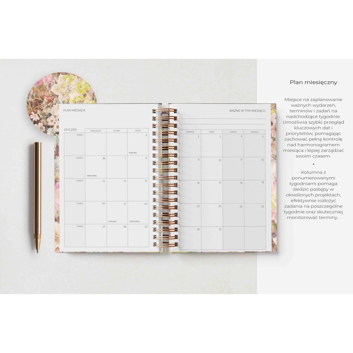 Planner dzienny na spirali 2025 – Vintage Floral