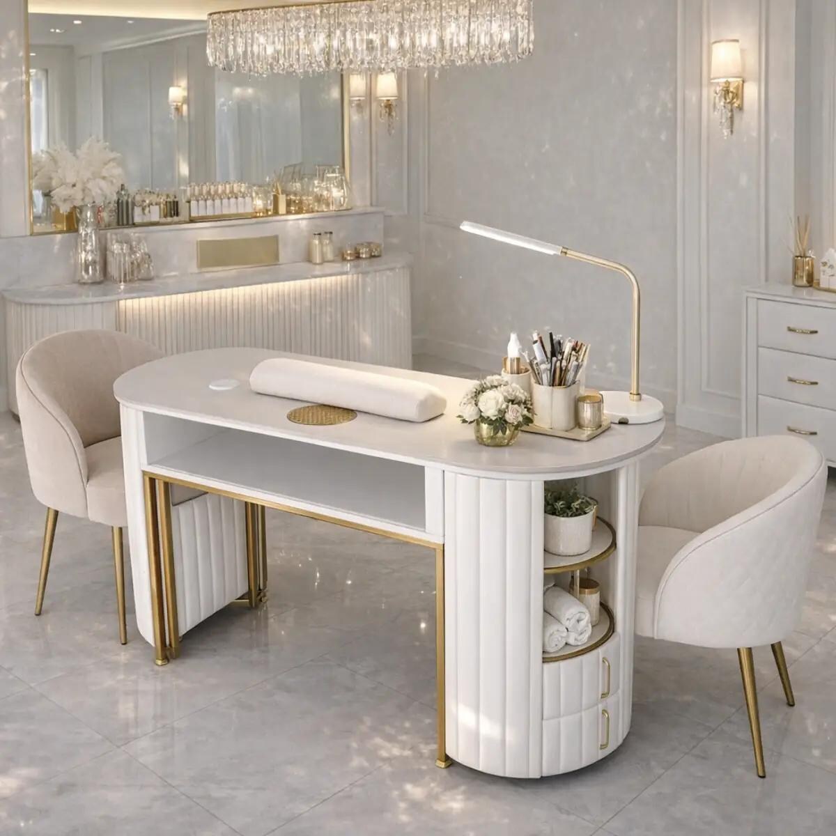 Biurko kosmetyczne z otworem na pochłaniacz biało-złote owalne 140x45x78