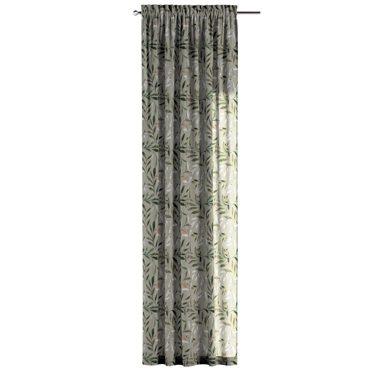 Zasłona na kanale z grzywką 1 szt. 130x260 zielone gałązki na szarym tle