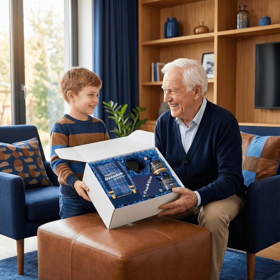 ZESTAW PREZENTOWY UPOMINKOWY BOX PREMIUM NA DZIEŃ DZIADKA HERBATY KAWA KUBEK Z ZAPARZACZEM I POKRYWKĄ CZEKOLADOWE PRZEKĄSKI PREZENT UPOMINEK