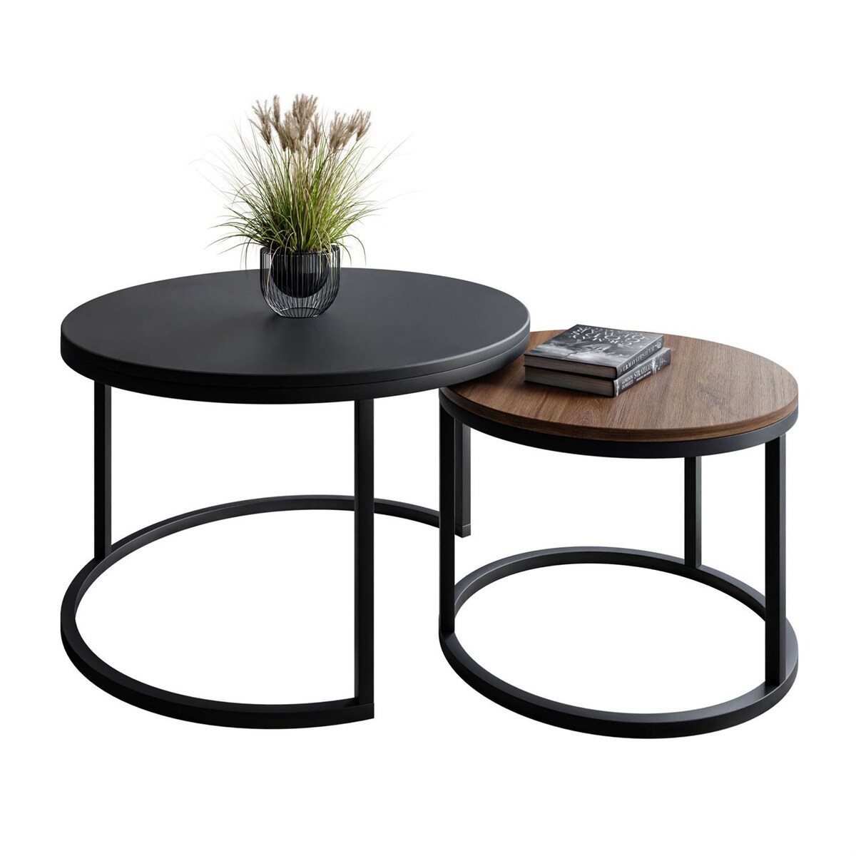 Okrągły stolik kawowy 2w1 CIRI SLIM MIX czarny dąb stirling