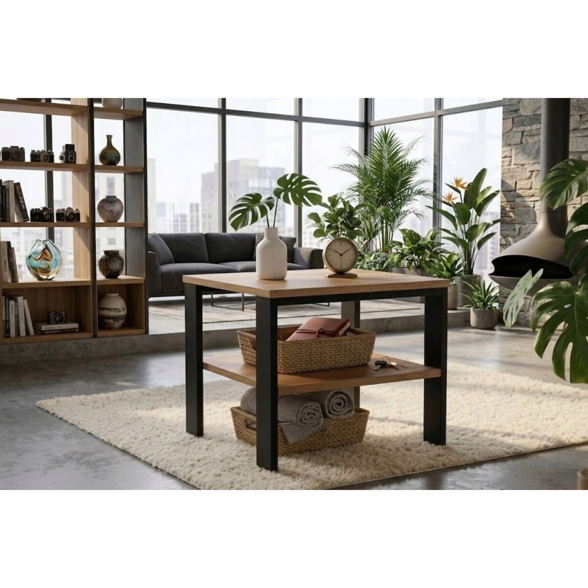 Stolik Kawowy Loft Industrialny Dąb Evoke Czarny Stelaż Z Półką