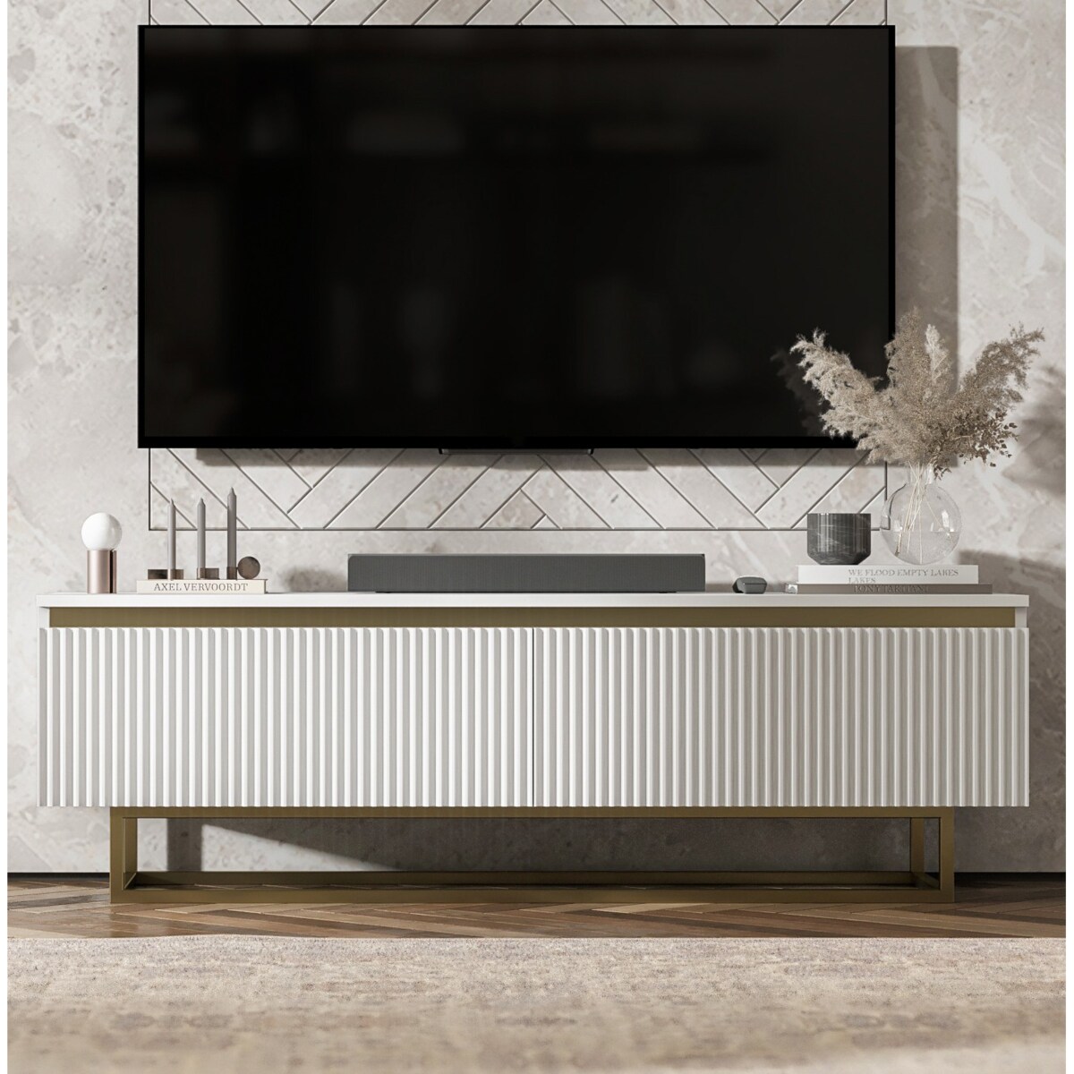 Nowoczesna Szafka RTV Glamour Komoda RTV Biały Mat 140 cm złote akcenty