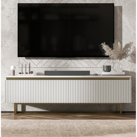 Nowoczesna Szafka RTV Glamour Komoda RTV Biały Mat 140 cm złote akcenty