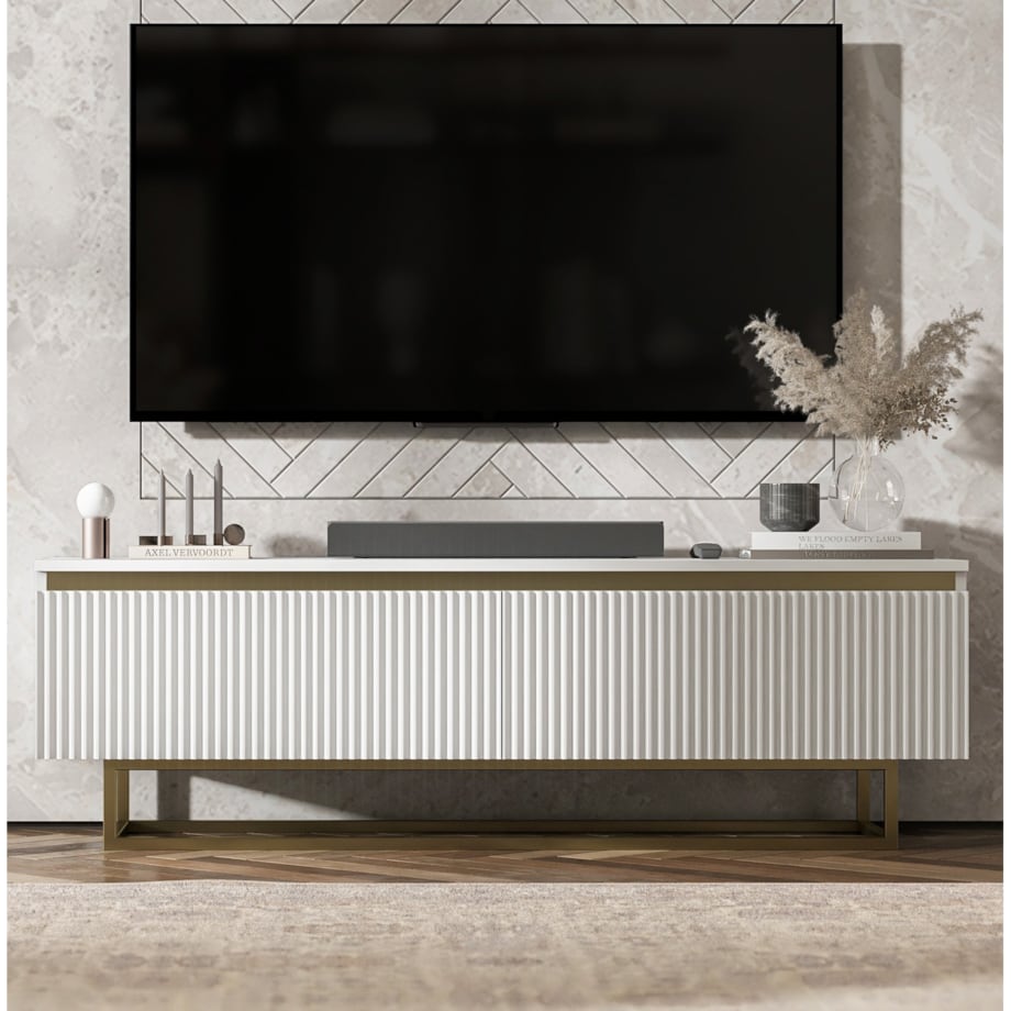 Nowoczesna Szafka RTV Glamour Komoda RTV Biały Mat 140 cm złote akcenty