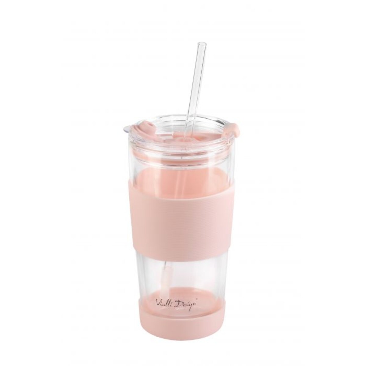 Kubek termiczny szklany ze słomką 600 ml różowy Fuori 30411