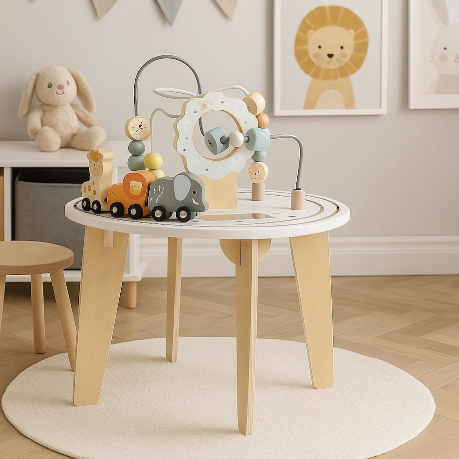 Drewniany stolik edukacyjny 2w1 interaktywny, manipulacyjny - labirynt i tor z pojazdami