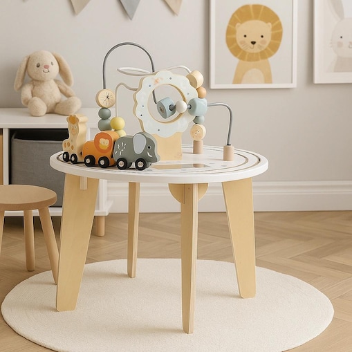 Drewniany stolik edukacyjny 2w1 interaktywny, manipulacyjny - labirynt i tor z pojazdami