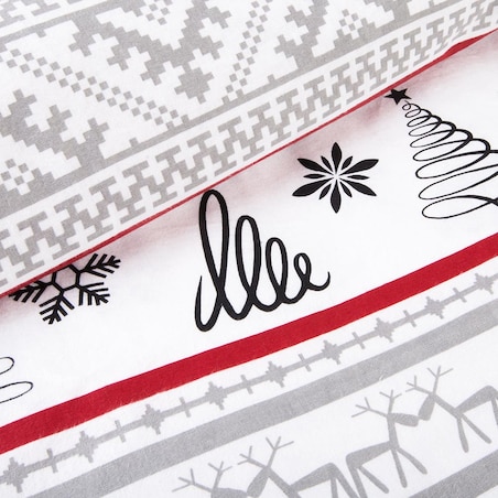 Pościel flanelowa 140x200 Selvia biała w choinki i chatki, Flanelove