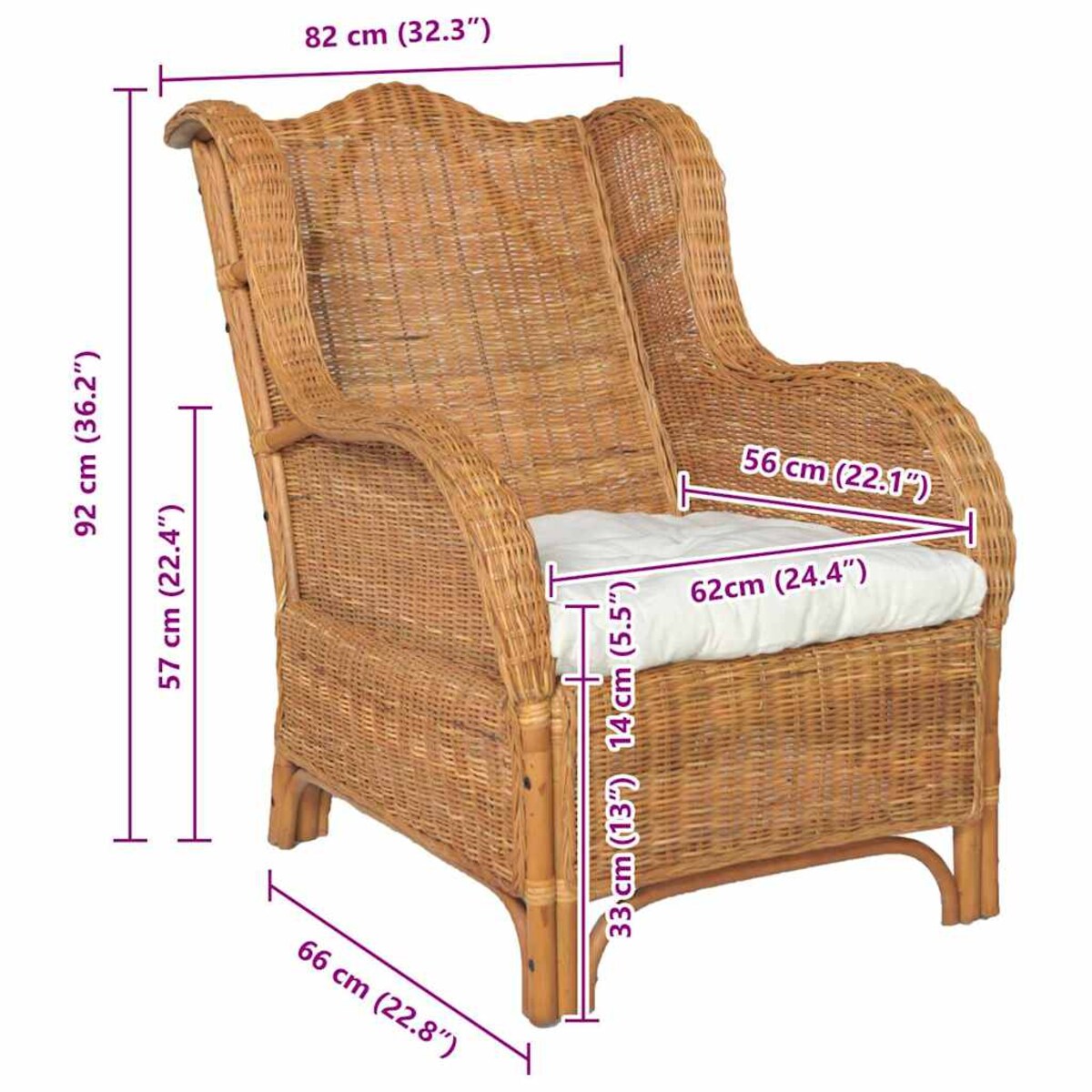 vidaXL Fotel z poduszką, jasnobrązowy, naturalny rattan i len