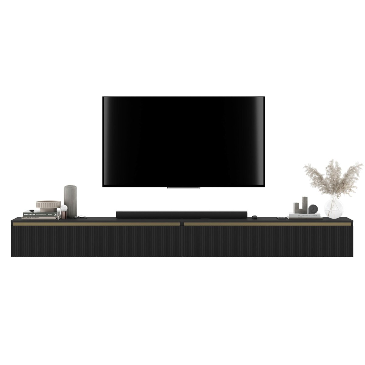 Wisząca Szafka RTV Glamour Komoda RTV Czarny Mat 280 cm ryflowane fronty