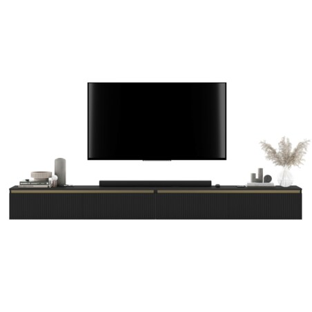 Wisząca Szafka RTV Glamour Komoda RTV Czarny Mat 280 cm ryflowane fronty