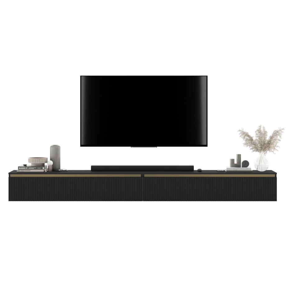 Wisząca Szafka RTV Glamour Komoda RTV Czarny Mat 280 cm ryflowane fronty