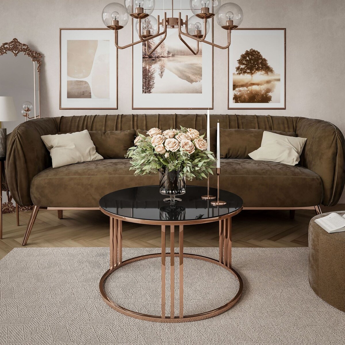 Okrągły stolik kawowy LORI GLASS z miedzianym stelażem, czarne szkło