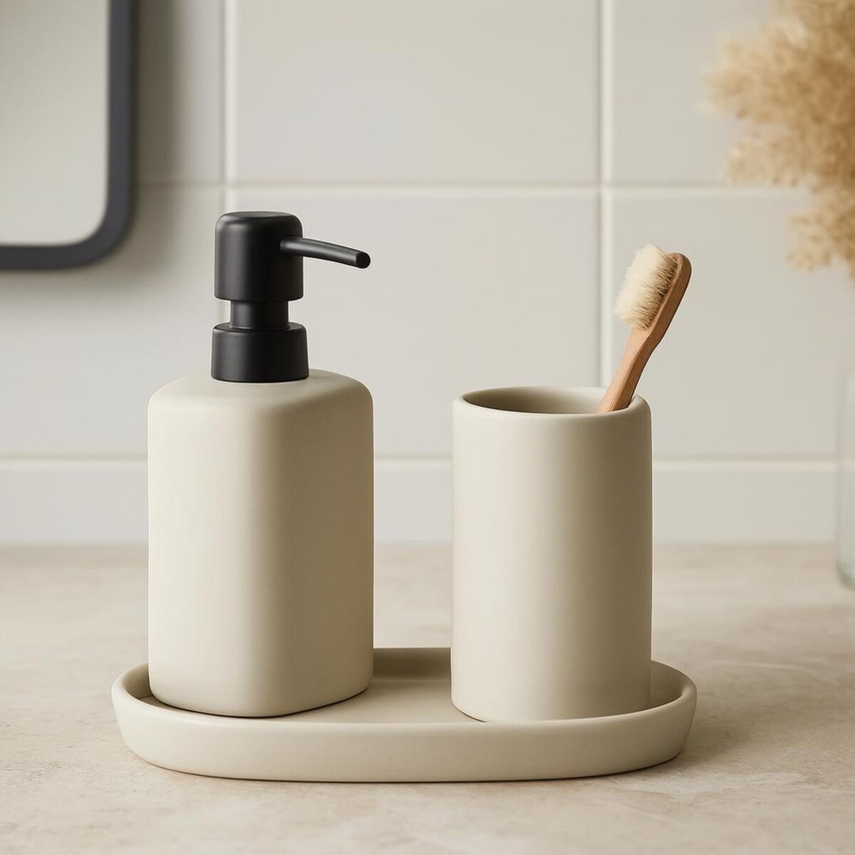 Zestaw łazienkowy PLY, ceramiczny dozownik, kubek i taca