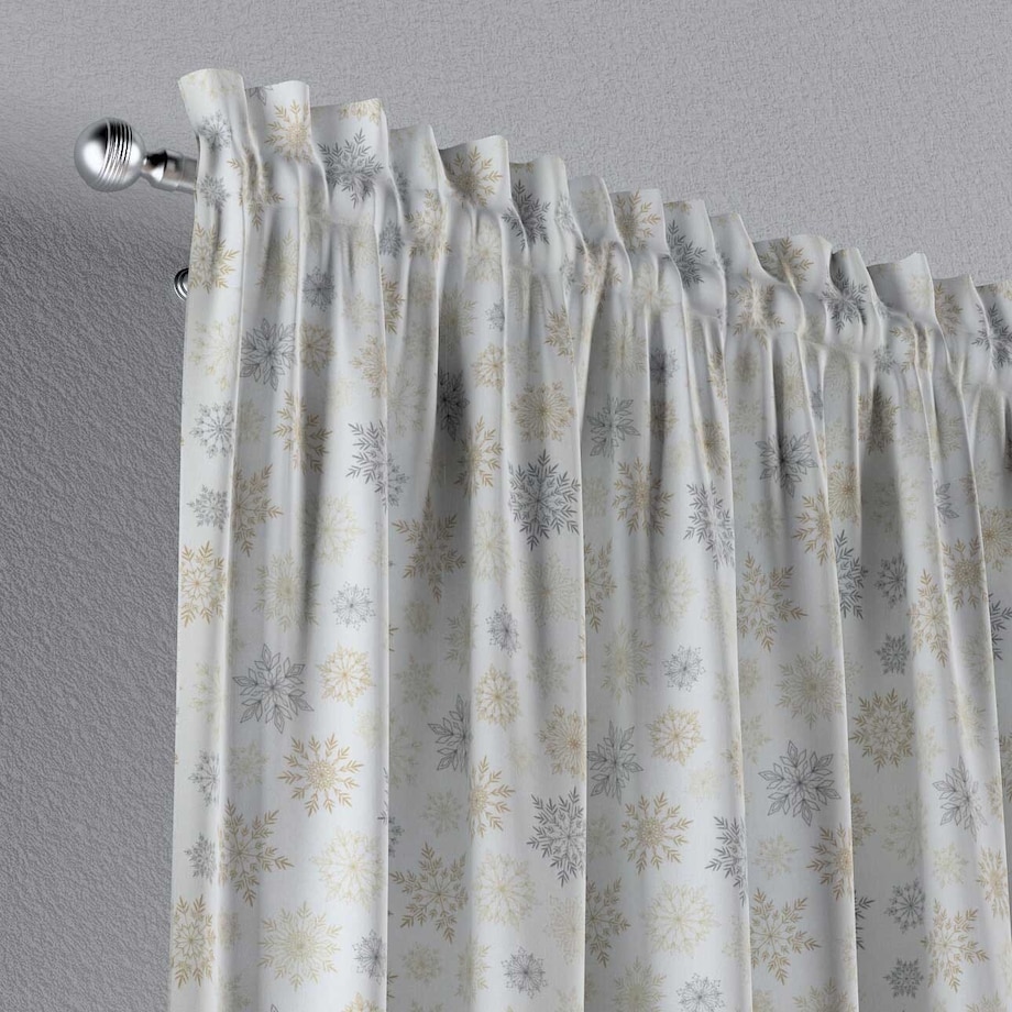Zasłona na kanale z grzywką 1 szt. 130x245 złote, srebrne gwiazdy na białym tle