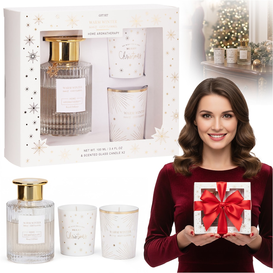 Dyfuzor Z Patyczkami Zapach Zestaw Zapachowy + Dwie Świece Dekoracje Świąteczny