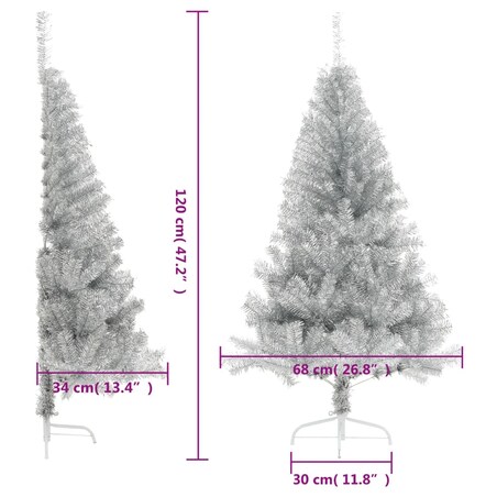 vidaXL Sztuczna choinka połówka ze stojakiem, srebrna, 120 cm, PET