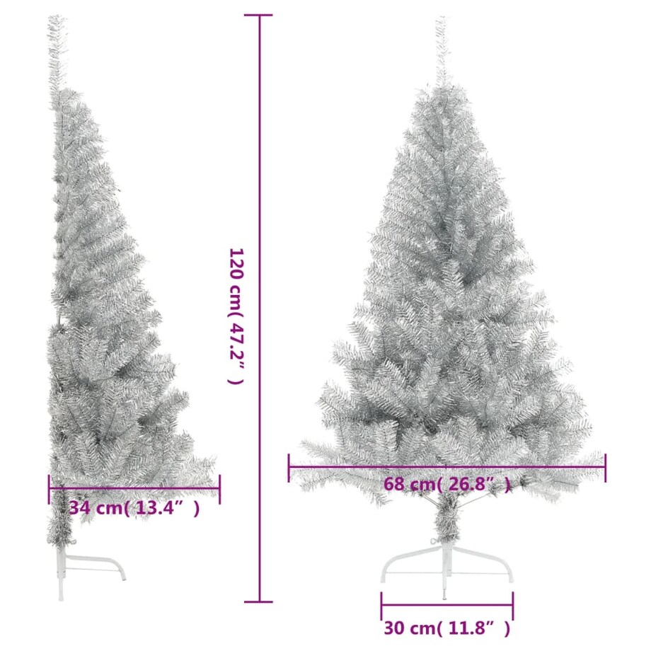 vidaXL Sztuczna choinka połówka ze stojakiem, srebrna, 120 cm, PET