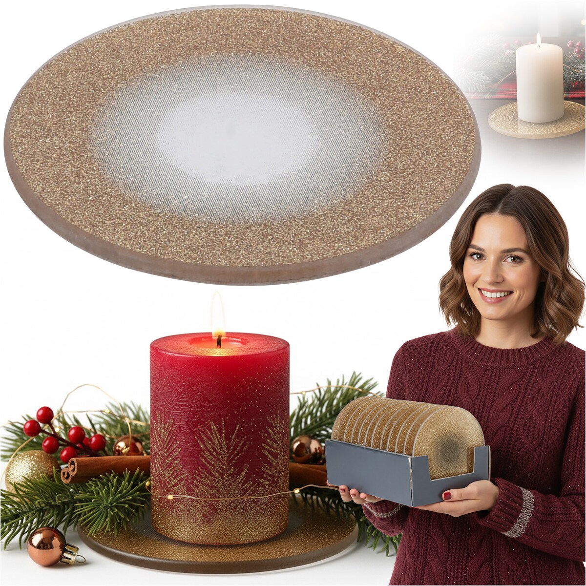 Podkładka Podstawka Pod Świecę Dekoracyjna Złota Z Brokatem 15 cm