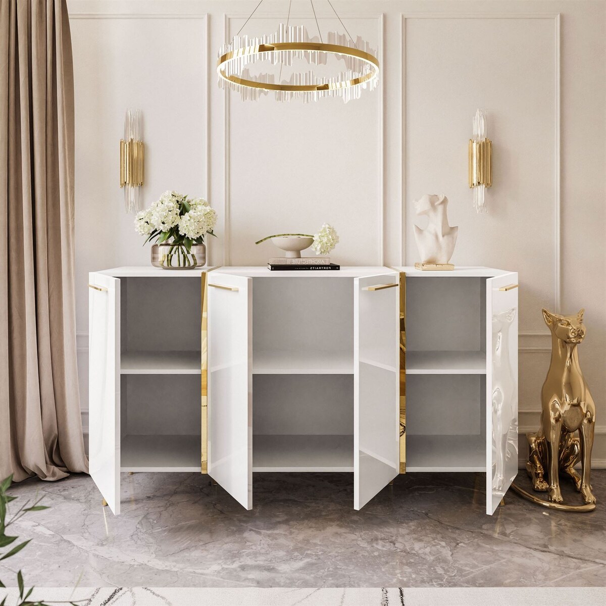 Komoda ONYX 4D 158 cm na złotych nóżkach, biała, uchwyty złote