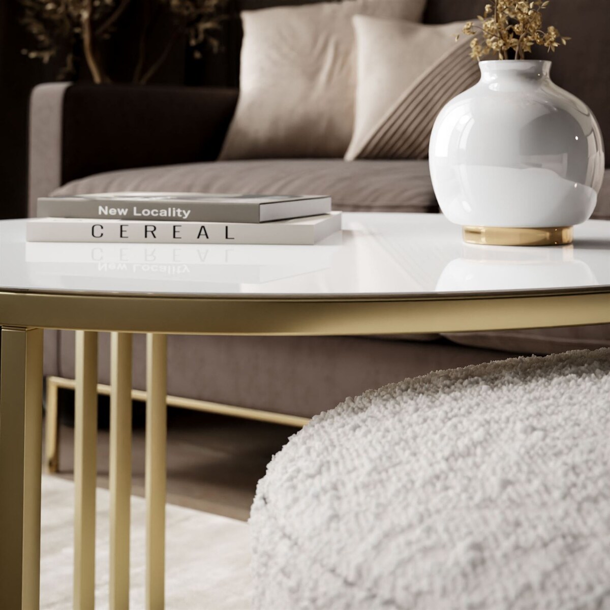 Stolik kawowy z pufą LORI GLASS złoto szczotkowane, białe szkło / Coral 65