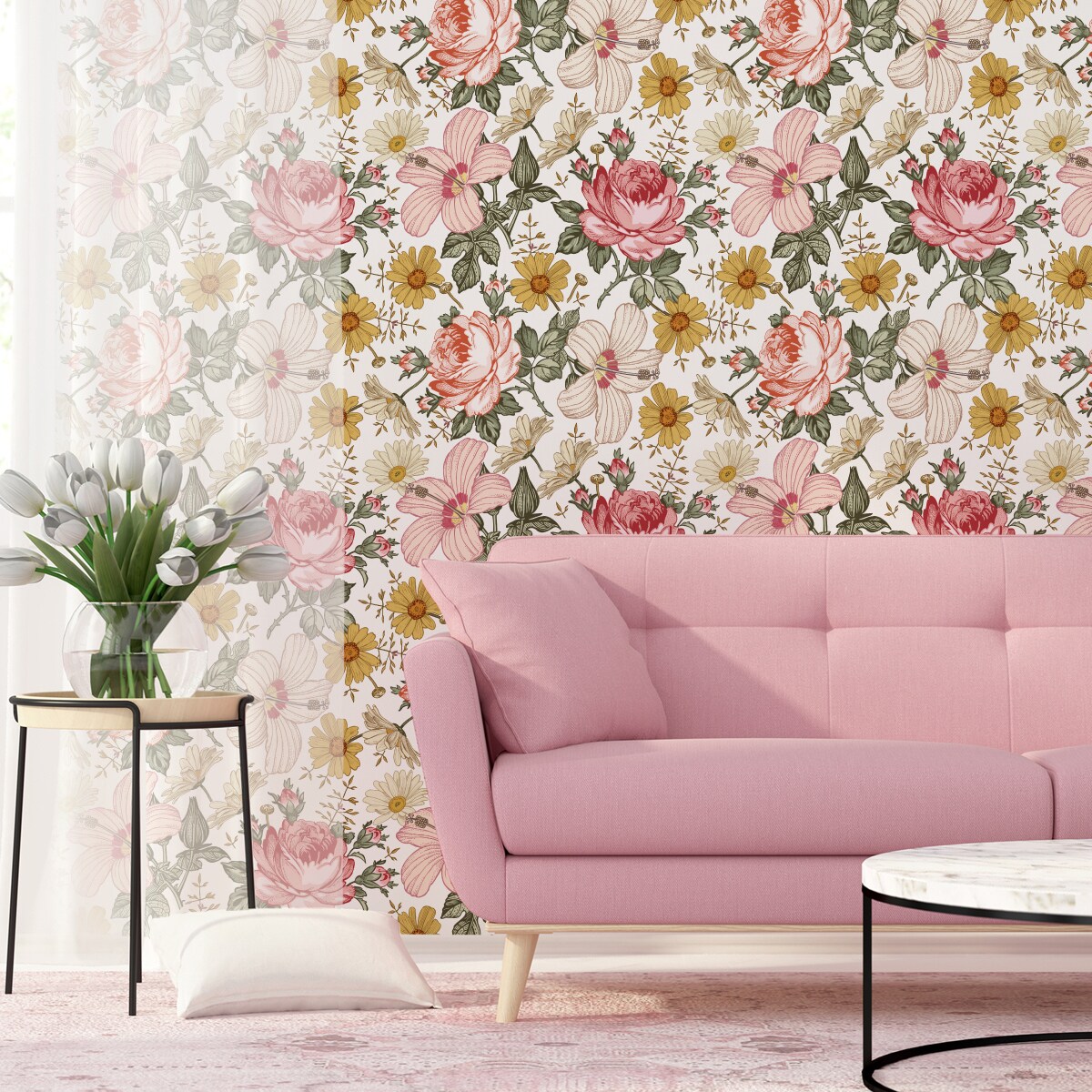 Tapeta KWIATY Róże Hibiskus Rumianek