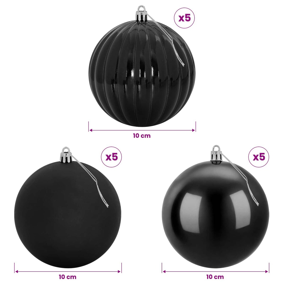 vidaXL Zestaw bombek świątecznych XL 15 szt. Czarny śr. 10 cm