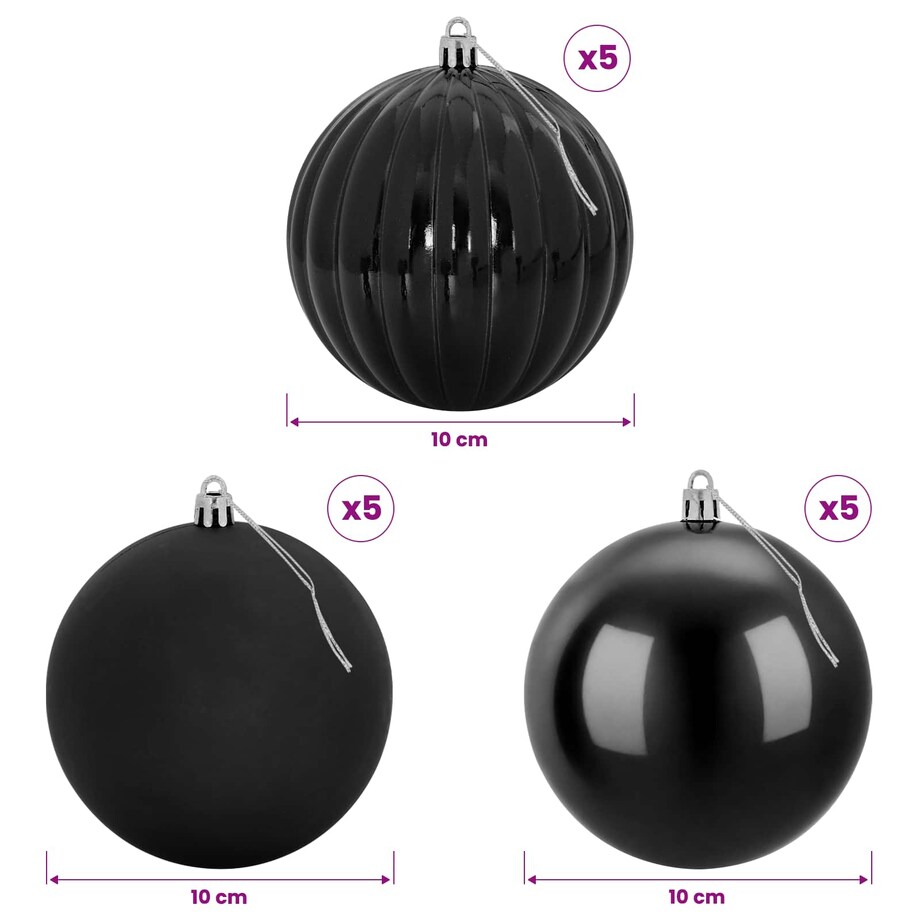 vidaXL Zestaw bombek świątecznych XL 15 szt. Czarny śr. 10 cm
