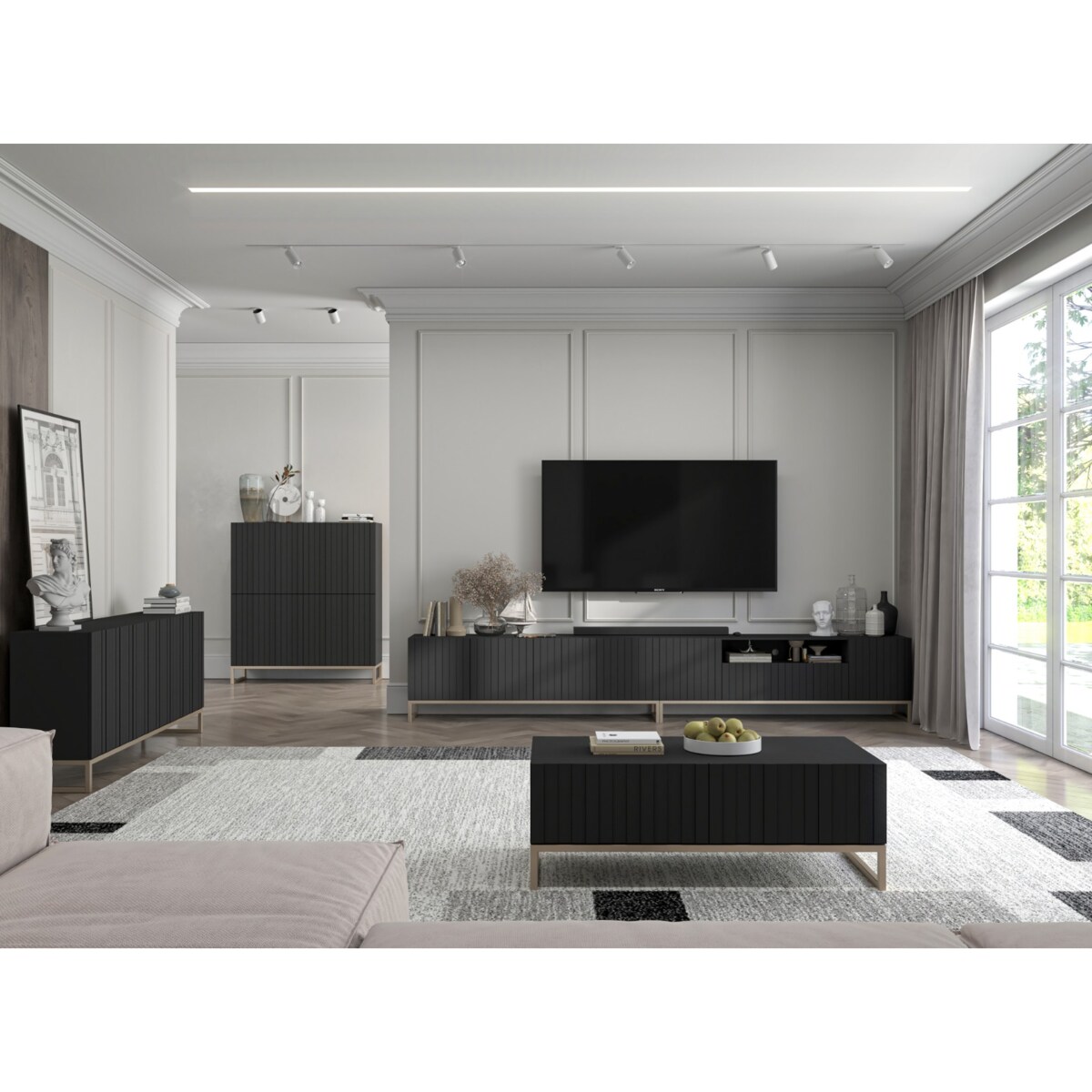 Nowoczesna Szafka RTV Glamour Komoda RTV Ryflowane Fronty Czarny Mat 300 cm