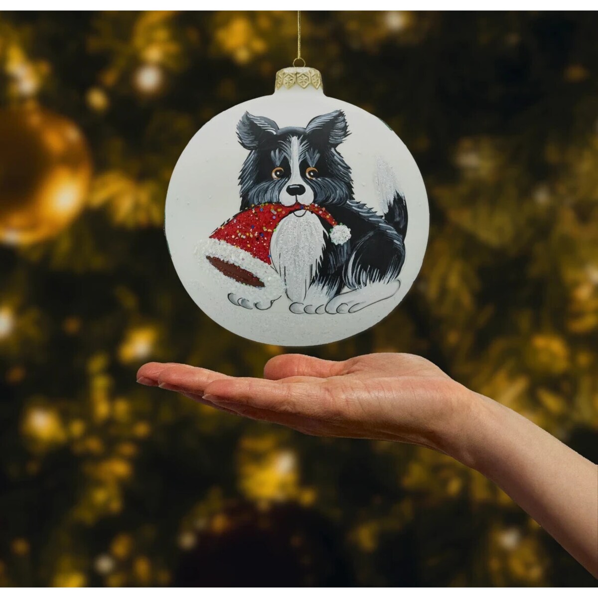 Bombka okrągła: Piesek z czapką Mikołaja