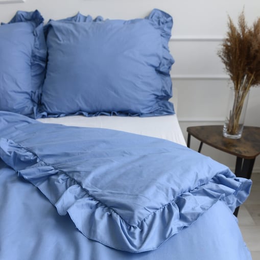 Pościel Bawełniana Z Falbanką Zestaw Komplet Do Sypialni Niebieska Jeans 200X200 Cm + 2 Poduszki 70X80 Cm