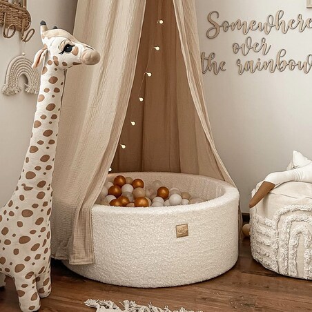 Okrągły Suchy Basen dla Dziecka 90x40cm/300 Piłek 7cm, Boucle, Biały: Pastelowe Różowe/Miętowe/Białe/Beżowe