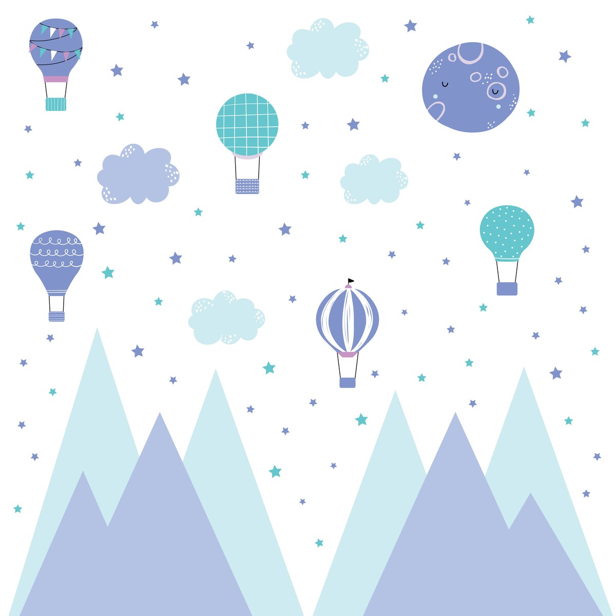 NAKLEJKI NA ŚCIANĘ DLA DZIECI KOLOROWE GÓRY BALONY CHMURKI GWIAZDY ZESTAW