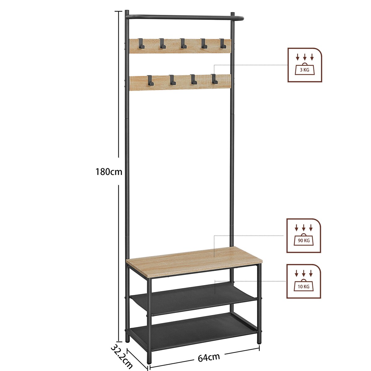 Wieszak Stojak Na Ubrania 64X32,2X180 Cm Sonoma