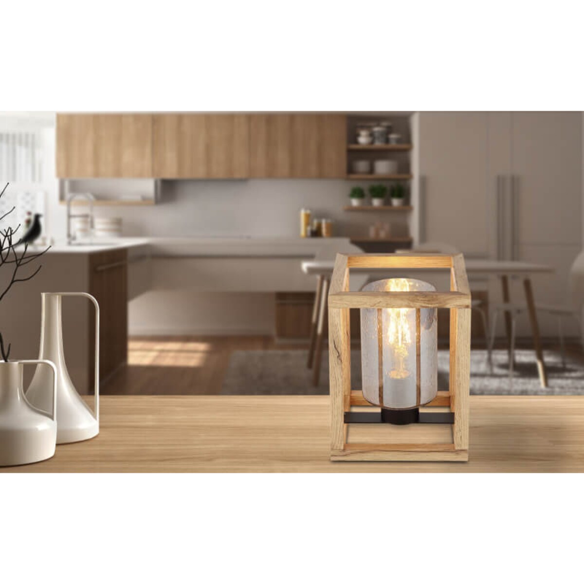 Lampa stołowa Pettey 15497T Globo drewniana do salonu metal szkło czarny