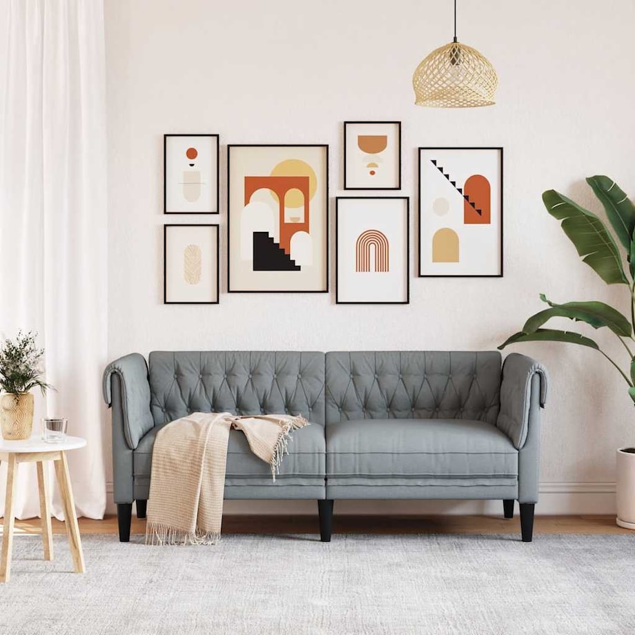 vidaXL Sofa Chesterfield, dwuosobowa, jasnoszara, obita tkaniną