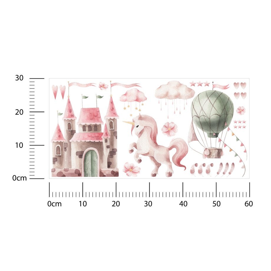 ZESTAW Naklejek DLA DZIECI Jednorożec Akwarelowy Zamek Balon Różowe Chmurki 60x30cm