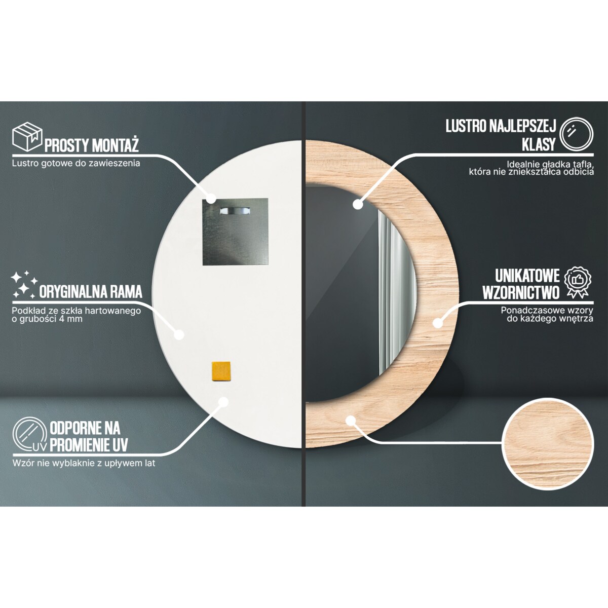 Lustro z nadrukiem Ø 50 - Ø 36 cm Boho Drewno