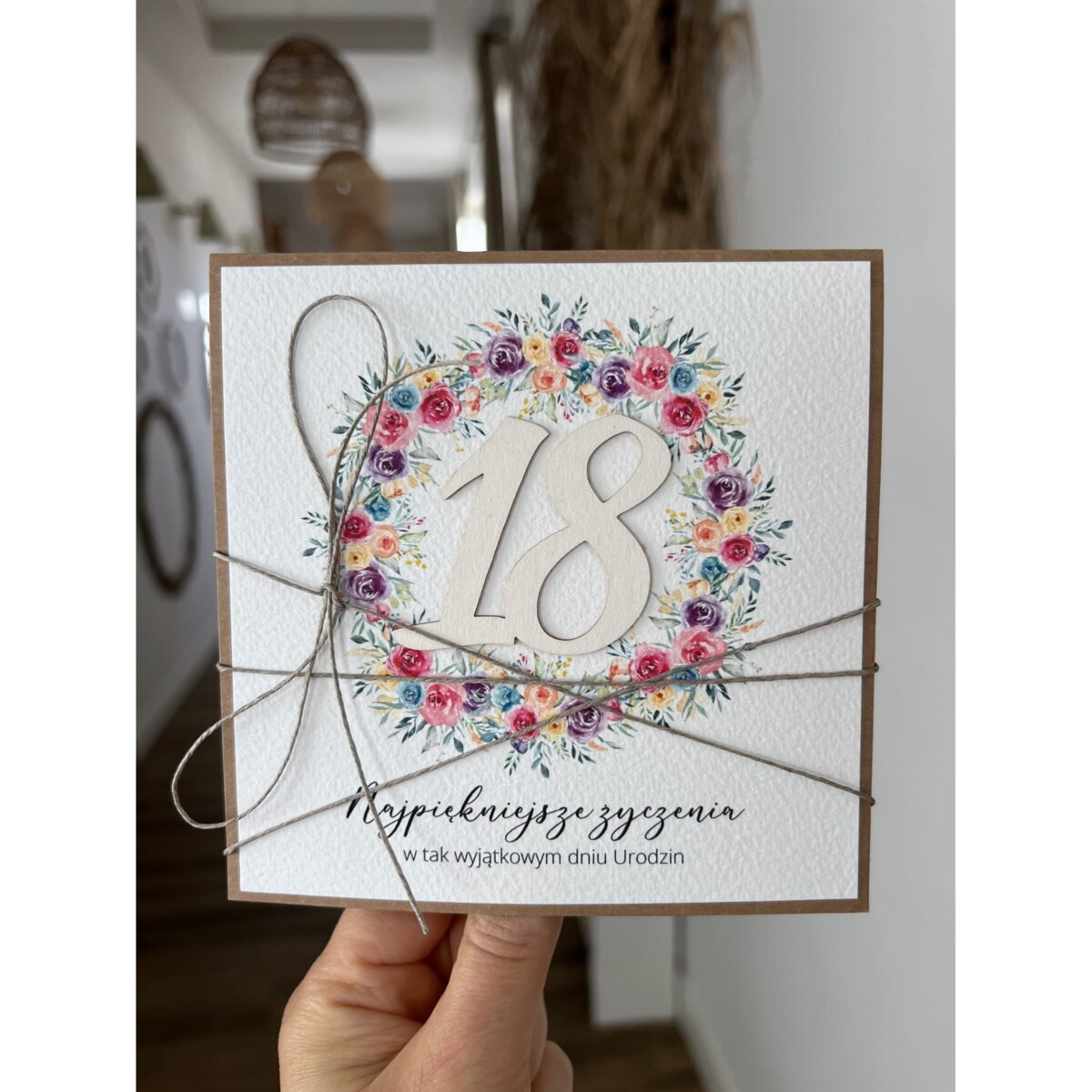 Wyjątkowa ręcznie robiona kartka na 18-ste urodziny, osiemnastka, pomysł na prezent na osiemnastkę dla dziewczyny w stylu boho