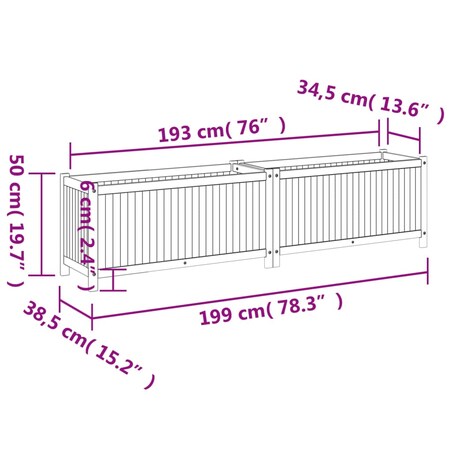 vidaXL Donica ogrodowa z wyściółką, 199x38,5x50cm lite drewno akacjowe