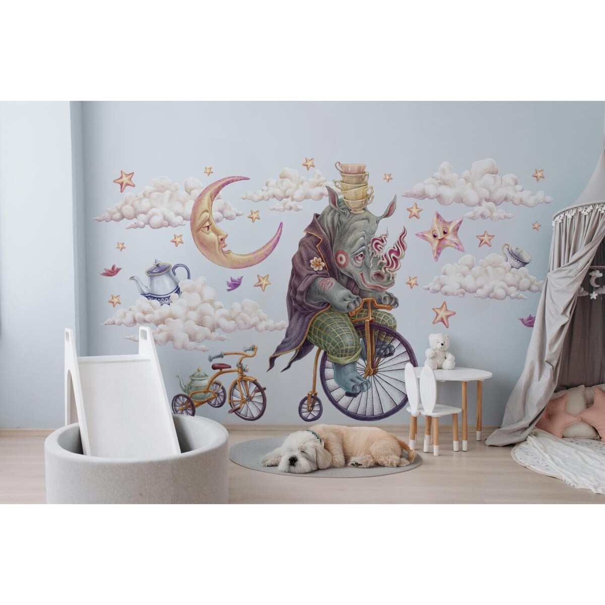 Zestaw naklejek na ścianę, Pastelowe zwierzęta z bajki - nosorożec, 130cm