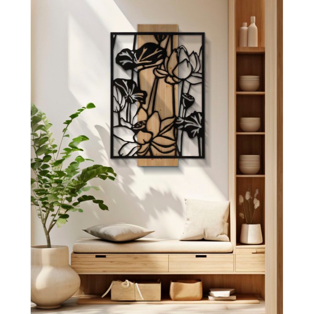Dekoracja ścienna Lotus, kolor czarny i brązowy, żelazo i płyta MDF, 60 x 90 cm, do salonu i przedpokoju, Mauro Ferretti