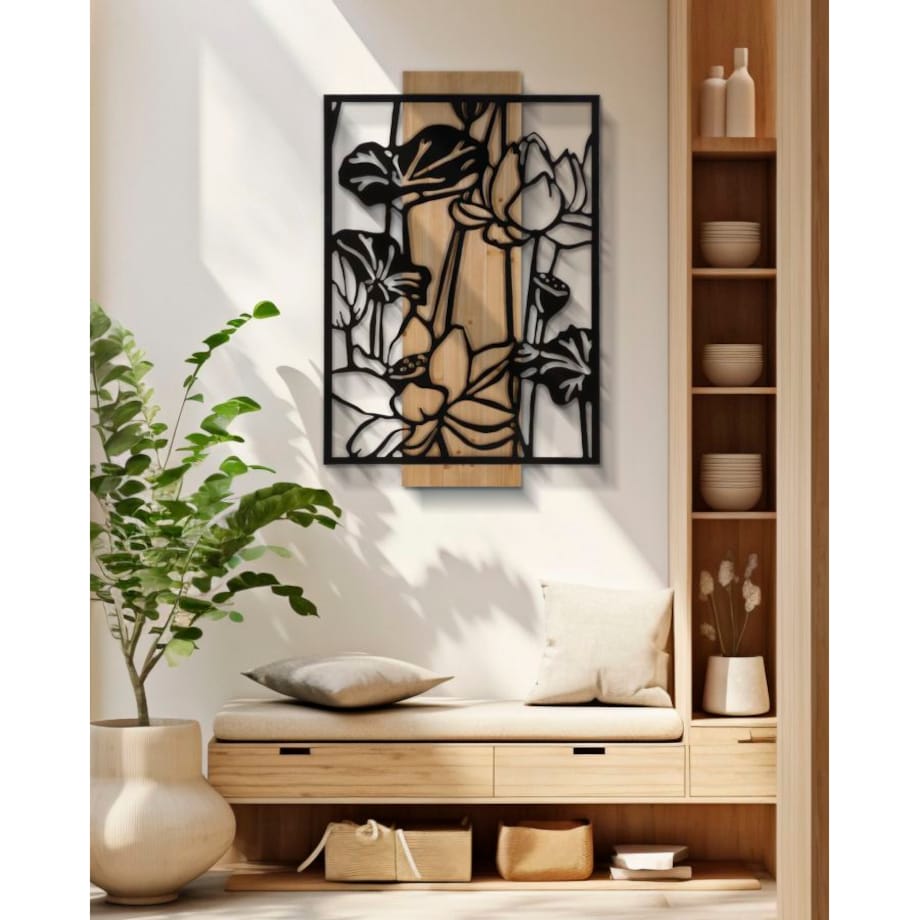 Dekoracja ścienna Lotus, kolor czarny i brązowy, żelazo i płyta MDF, 60 x 90 cm, do salonu i przedpokoju, Mauro Ferretti