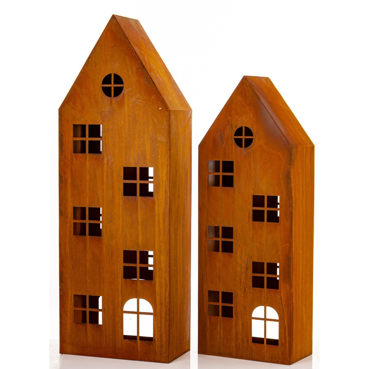 Wysokie metalowe domki 2 szt. świeczniki 120x42x23 i 100x36x20 cm THUMBA